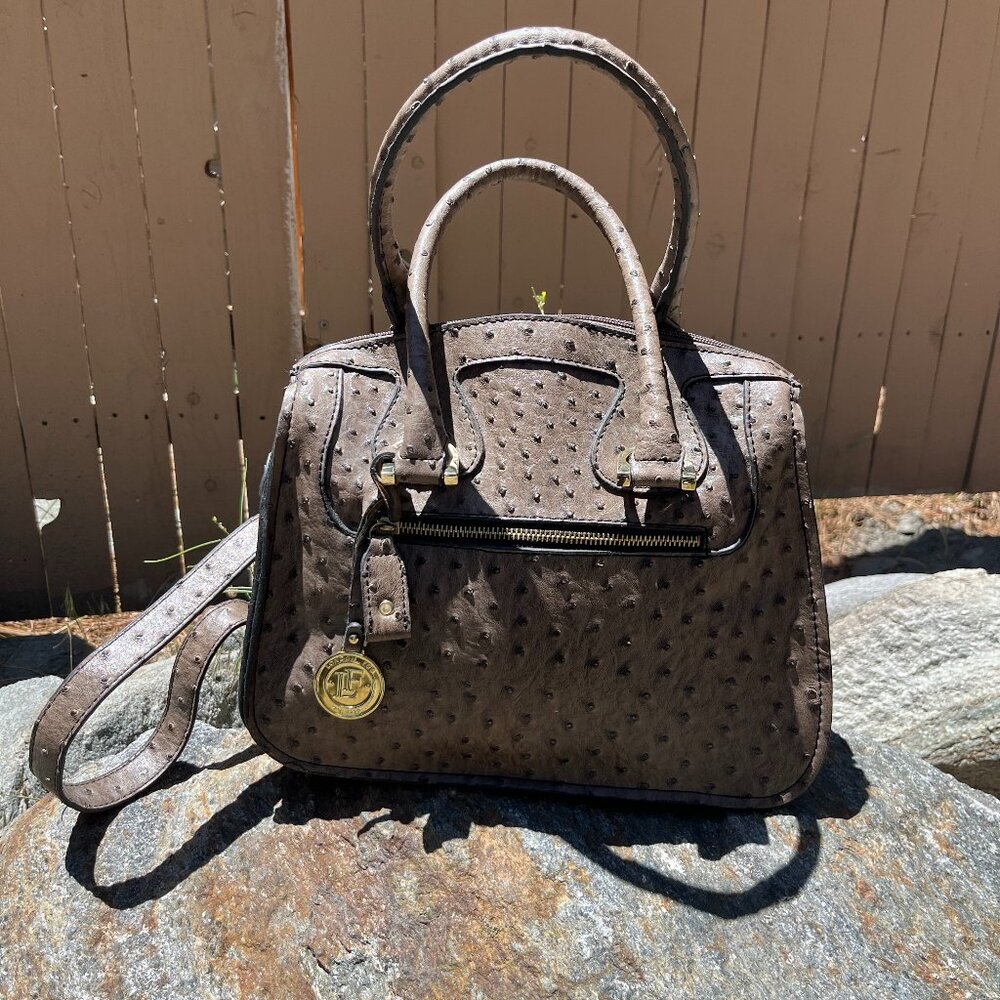 London Fog Brown Ostrich Embossed‎ Satchel Handbag With Shoulder Strap